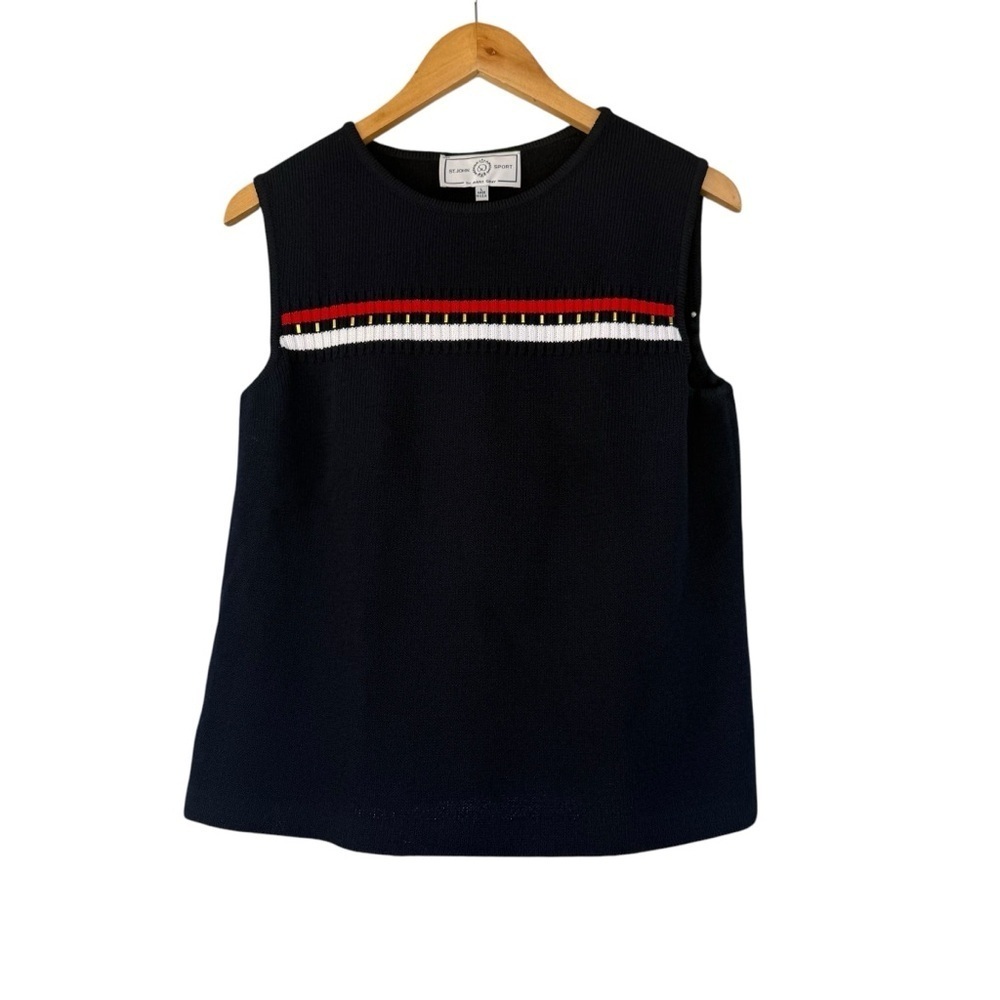 St John Sport Sleeveless Knit Sweater Navy Red/White/Gold Trim SzL
